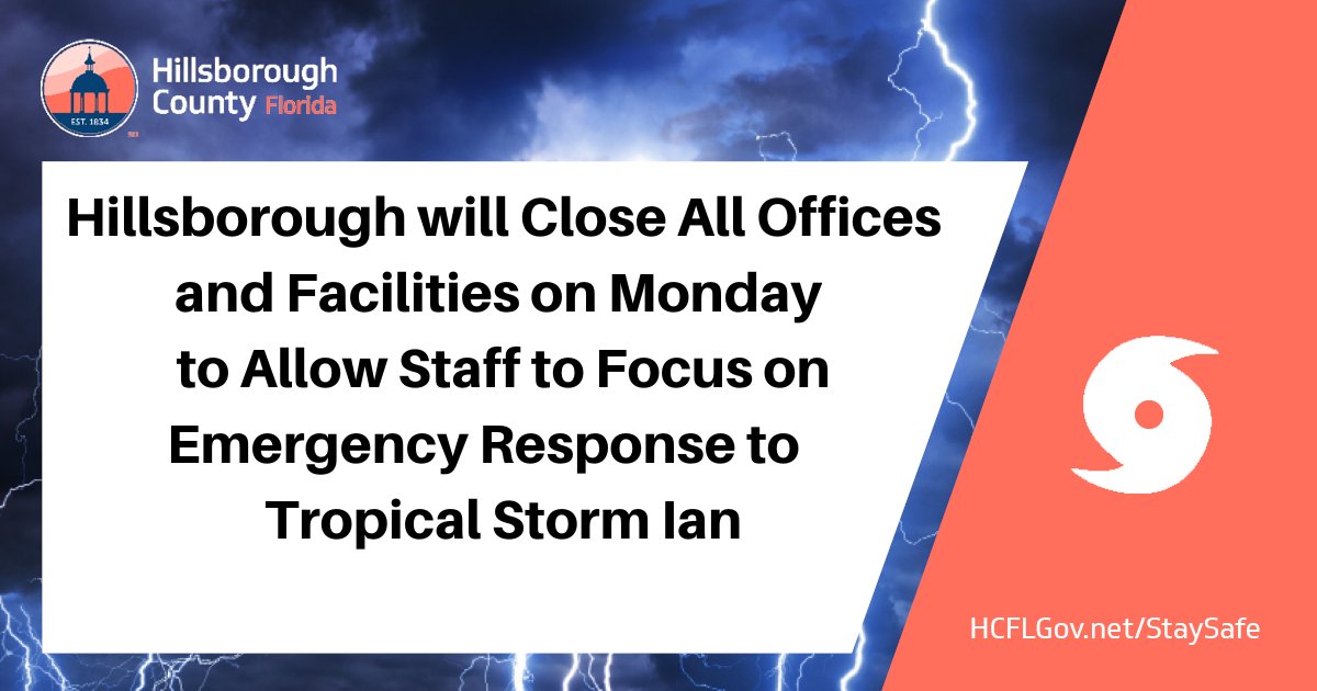 All Hillsborough County offices and facilities will close Mon., Sept. 26 to allow staff to focus on emergency response to Tropical Storm Ian.
The closure includes all libraries, parks, preserves, and recreation centers. 
Tropical Storm Ian update No. 4: bit.ly/3r4xwYS