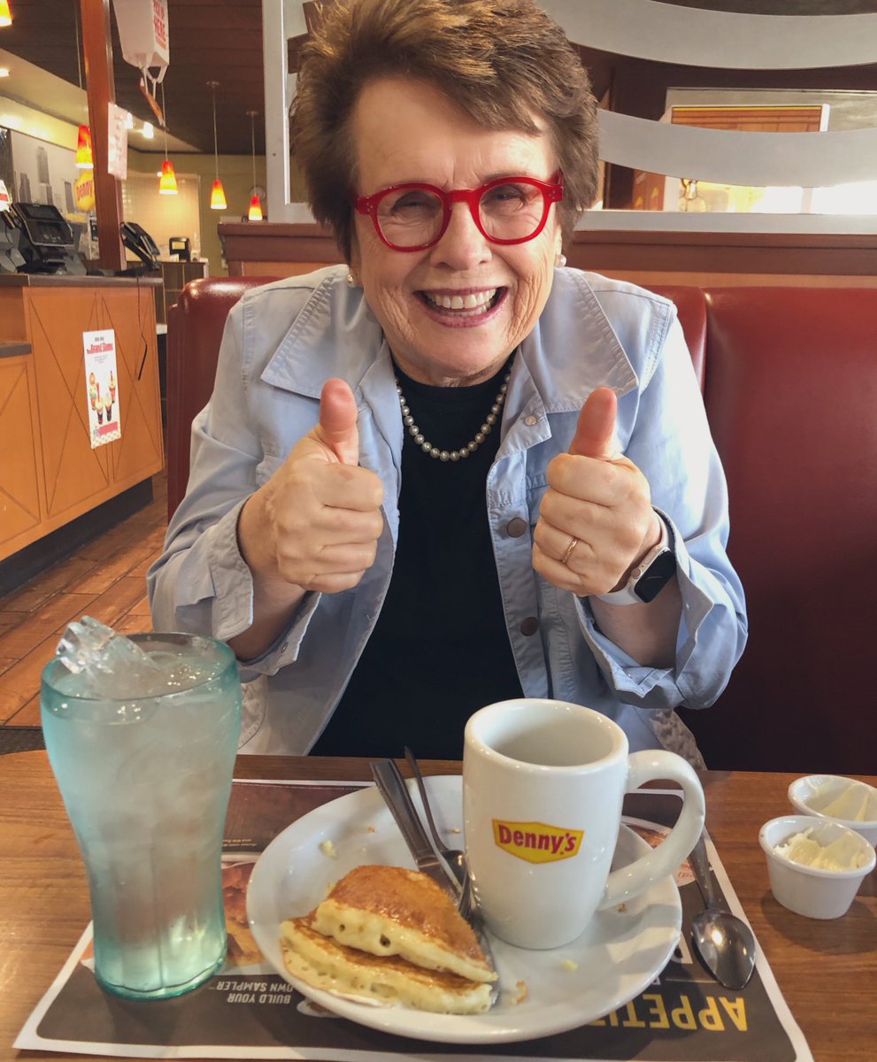 BillieJeanKing's tweet photo. A stack of pancakes from @DennysDiner is one of my absolute favorite meals, for breakfast, lunch, or dinner. 

When traveling, we always keep a lookout for a Denny’s. 

Did you celebrate 
#NationalPancakeDay today? 
🥞 https://t.co/BJlYZBWfOf