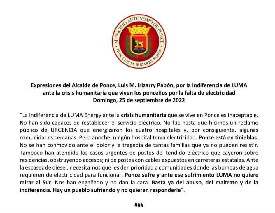 DavidBegnaud's tweet photo. Statement from the Mayor of Ponce, Puerto Rico https://t.co/pwWL7mdv2p