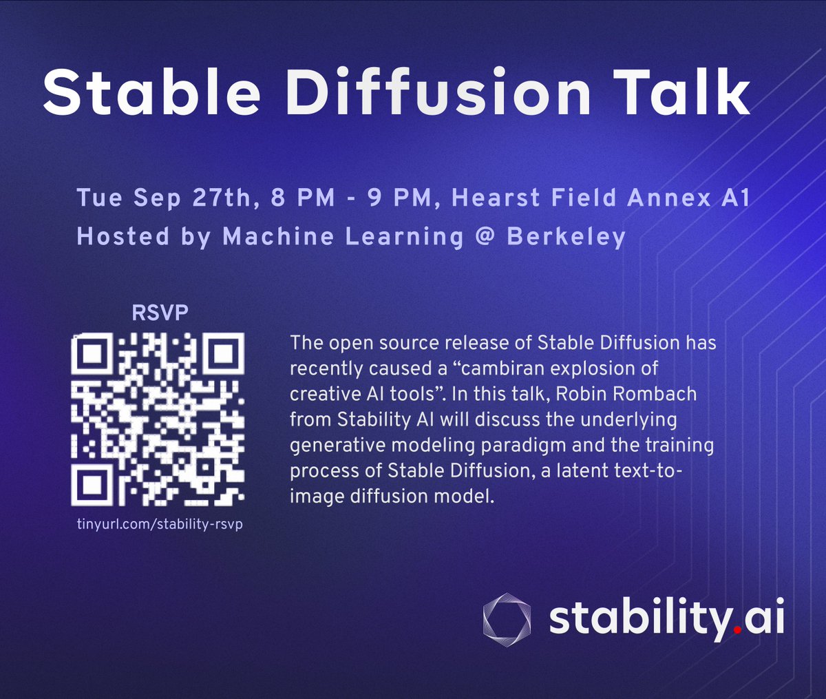 BerkeleyML's tweet photo. Interested in Stable Diffusion? We're hosting a talk with @StabilityAI and @robrombach! RSVP at https://t.co/aDeUZhmbNb https://t.co/Z7QbzdatAq