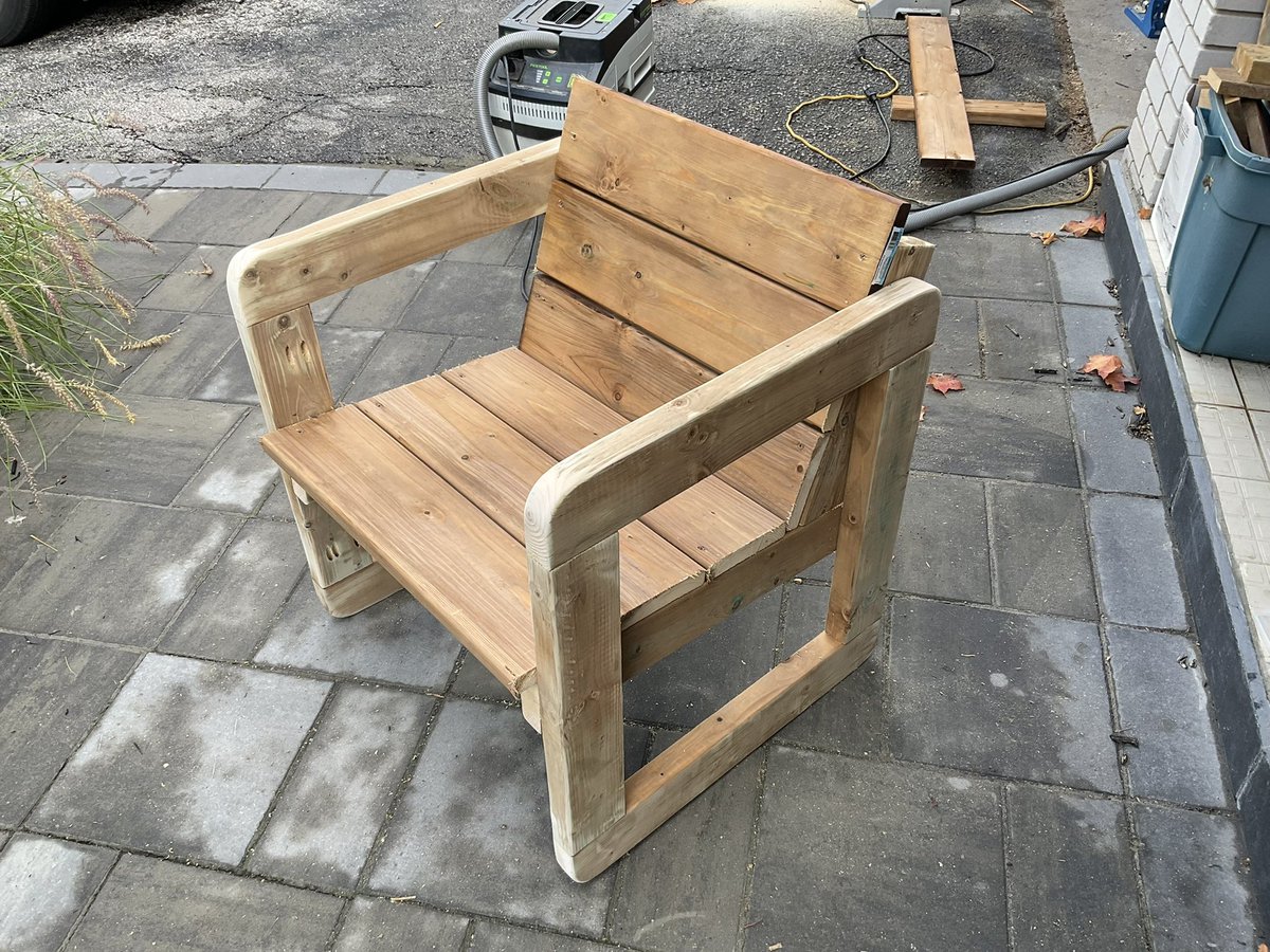 My first try at an outdoor chair for the cottage. I kinda like the look of it…how about you? First of 4. Stain coming soon! #woodworking #chairs #cottagelife #muskoka #build #woodworker
