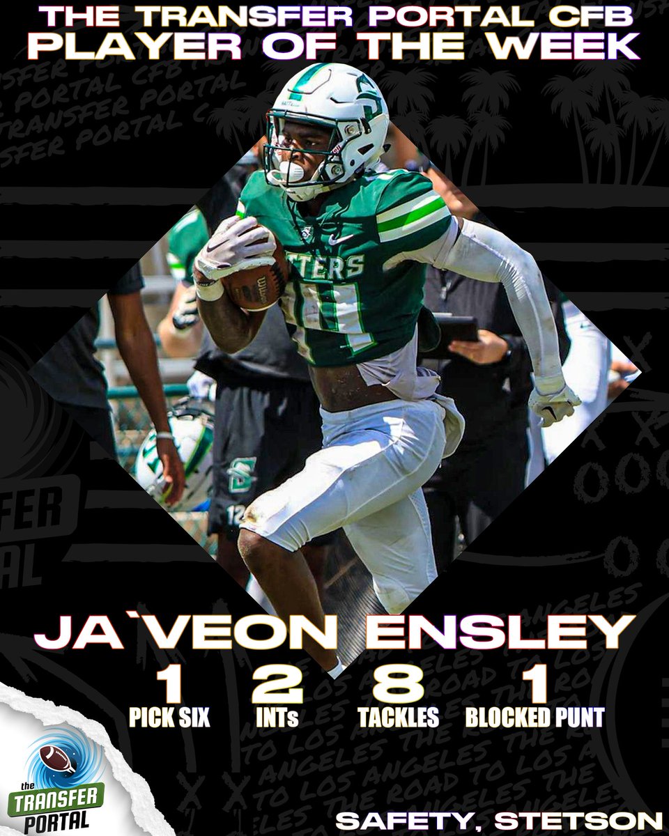 We're stoked to share our Defensive Go5/FCS POTW... Stetson S Ja'Veon Ensley (@ensley_javeon) 🤠 His performance might have flown under the radar, but we caught it! Ja'Veon balled out on Saturday and even made a one-handed pick six! 🥶