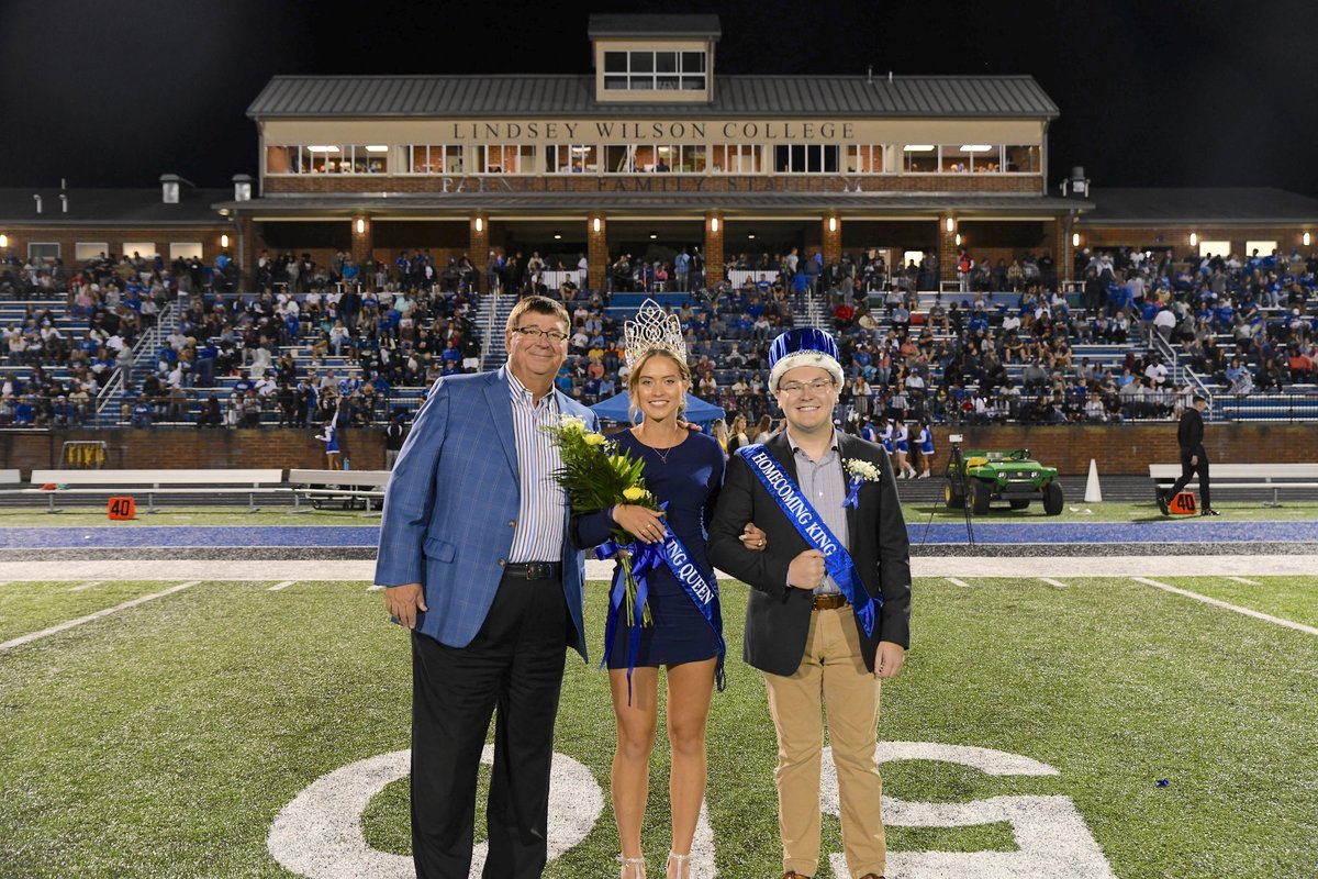 LindseyWilson's tweet photo. What a beautiful weekend to celebrate all that is Lindsey Wilson College at 2022 Homecoming. Thank you to everyone who decided to return to campus. #BlueRaidersforLife 

Congrats to #LWCHOCO22 King Evan Smiley and Queen Luna Senica and the LWC football program on the big win! https://t.co/5oII5a5DSM