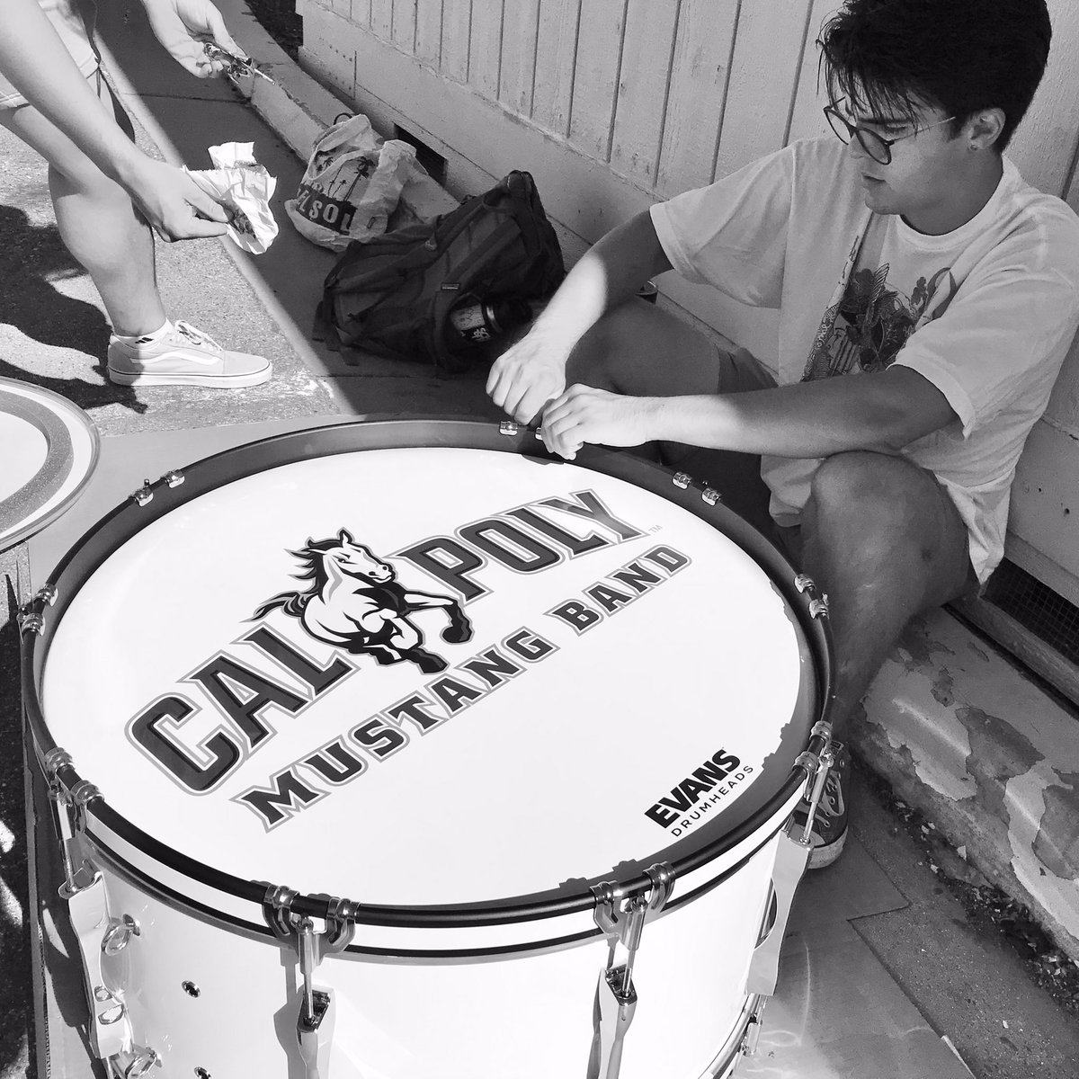 CalPolyBand's tweet photo. Cal Poly Mustang Band Drumline takes some time on a day off to put in some work maintaining the equipment and cleaning the taps! @CalPolyCLA https://t.co/UQiQ91p1WS