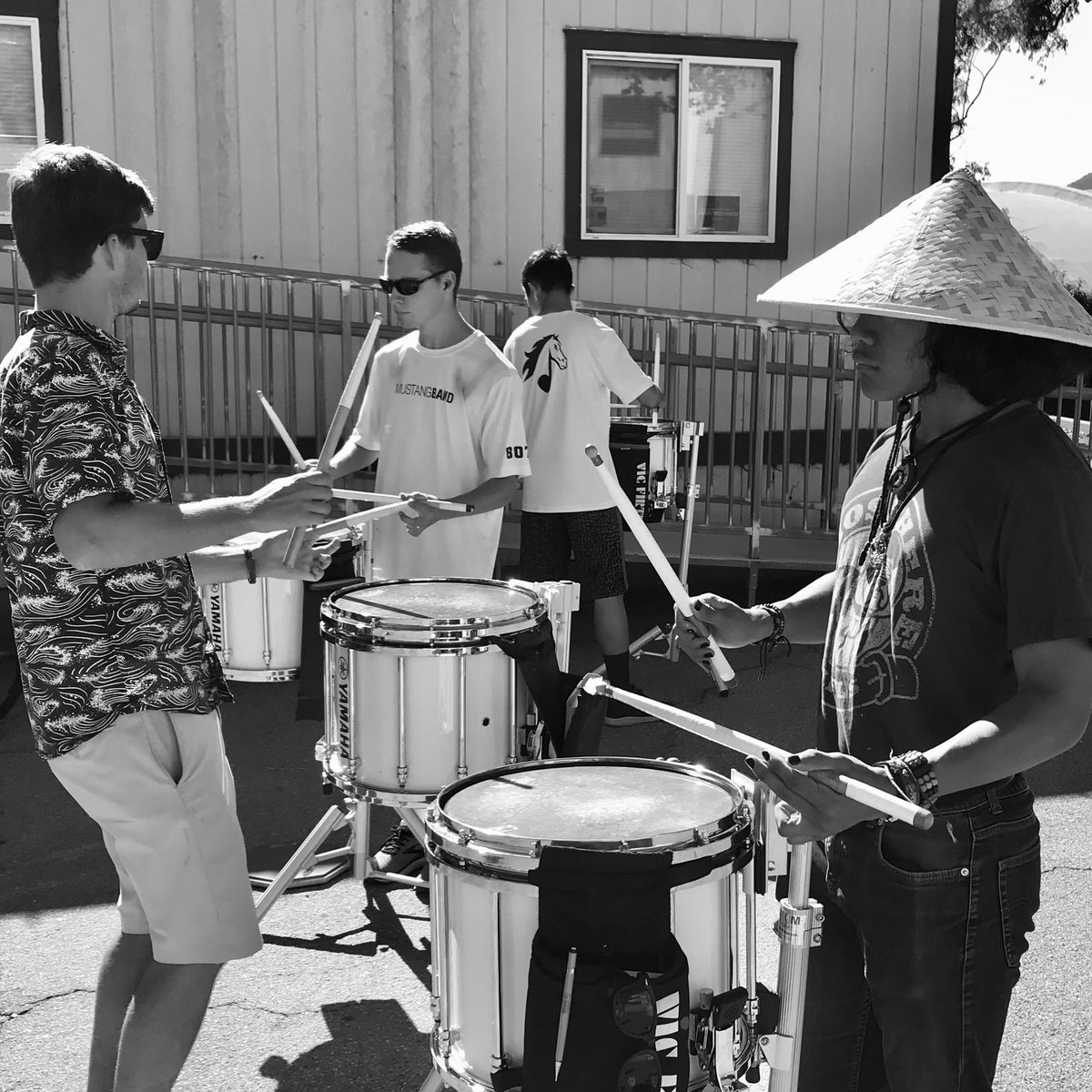 CalPolyBand's tweet photo. Cal Poly Mustang Band Drumline takes some time on a day off to put in some work maintaining the equipment and cleaning the taps! @CalPolyCLA https://t.co/UQiQ91p1WS