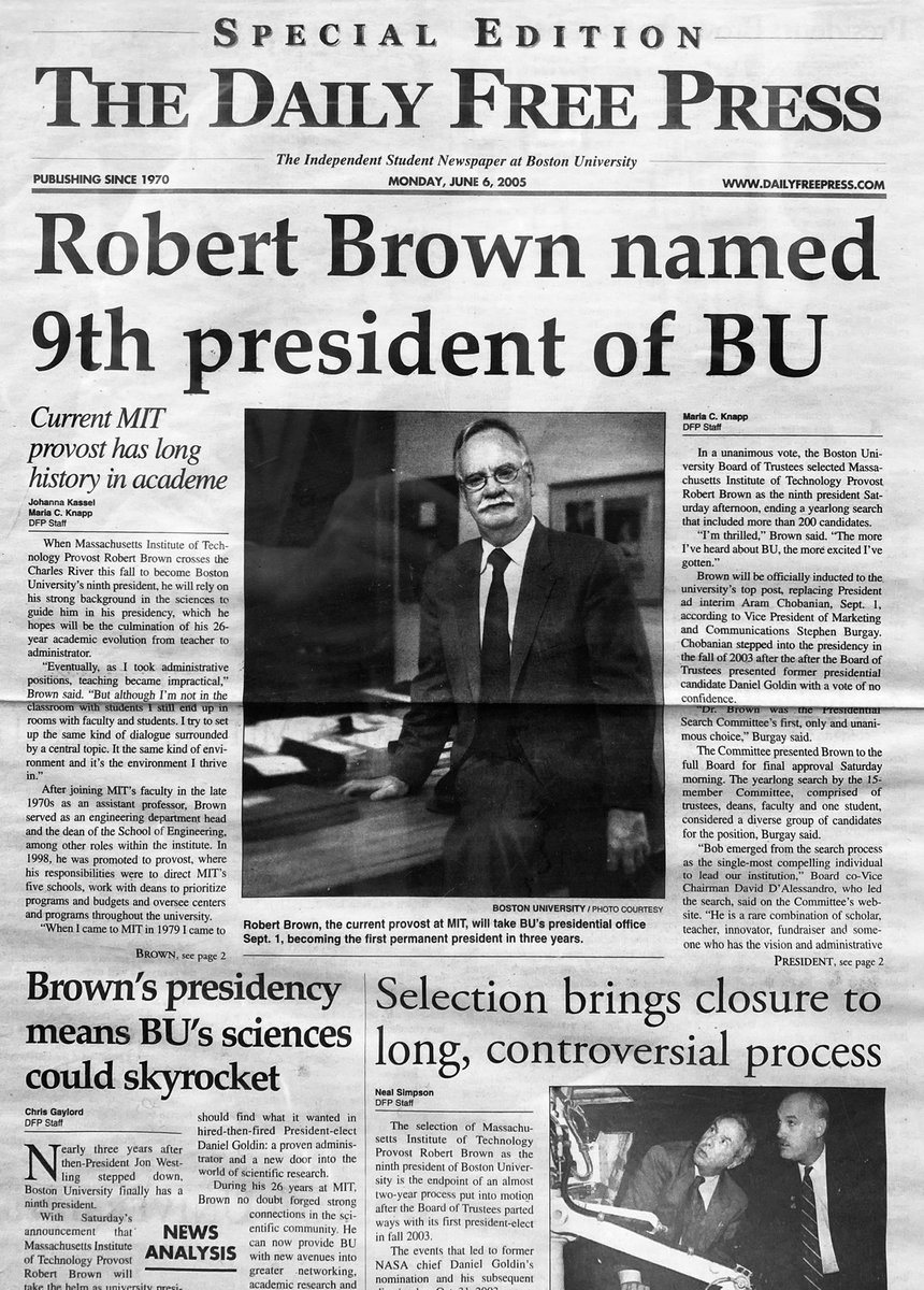 DFParchives's tweet image. “When @MIT Provost Robert Brown crosses the Charles River this fall to become @BU_Tweets ninth president, he will rely his strong background in the sciences to guide him in his presidency,” read from @dailyfreepress Special Edition on June 6, 2005.