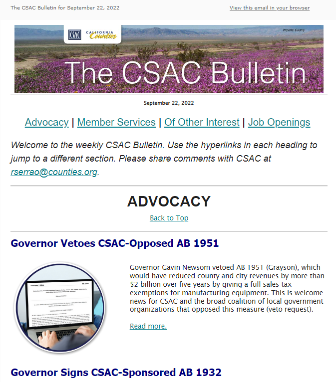CSAC_Counties's tweet photo. Check out what's inside this edition of the #CSACBulletin:
🎉Big #CALeg Wins for #CACounties
📰Legislation Updates 
💰State and Federal Funding Opportunities
https://t.co/C0PHYSZ4Ig https://t.co/3XHtysrAkh