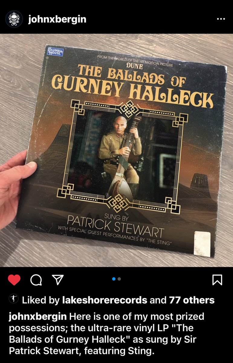 JasonRagosta's tweet photo. The fact that this record exists fills me with joy. That is all : ) gonna watch Lynch’s Dune again today… #dune #theballadsofgurneyhalleck #patrickstuart https://t.co/Kn0LfYxmzw