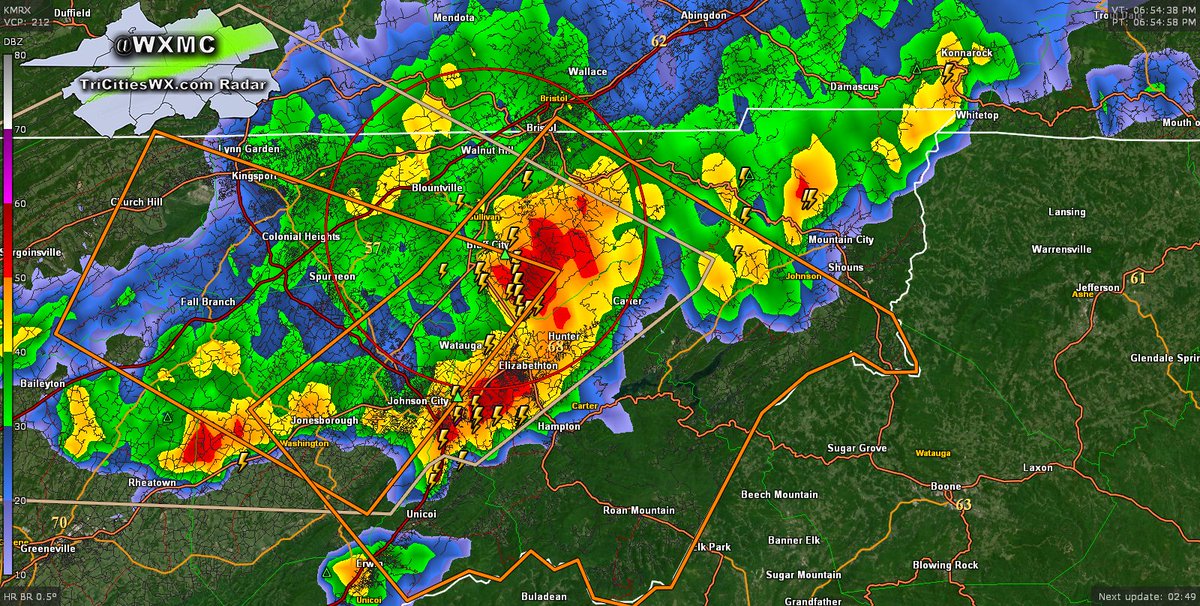 wxmc's tweet photo. A Severe Thunderstorm Warning is up for Johnson, Carter, Sullivan and Unicoi Counties in TN and a sliver of Bristol, VA until 7:45. Storms are over Bluff City and Elizabethton now, moving east toward NC. Watch out for hail and damaging winds with these storms. #TriCitiesWx https://t.co/KZVz1ZMn4D