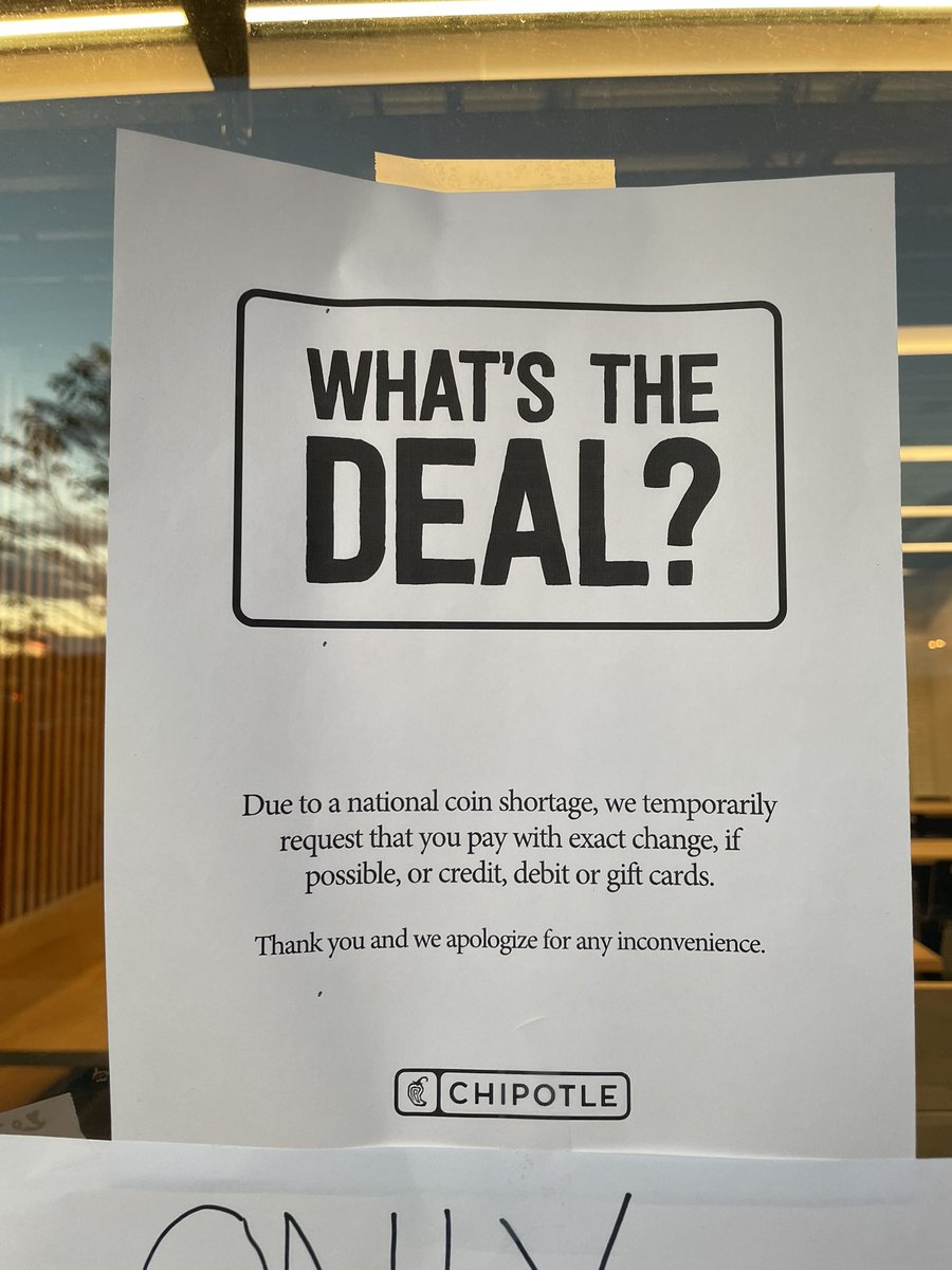 njfirefighter22's tweet photo. Hey @ChipotleTweets stop lying to customers about a coin shortage. You just don’t want to take cash. Stop the lies! #Chipotle #coinshortage #lies https://t.co/XNzLa1jGBr