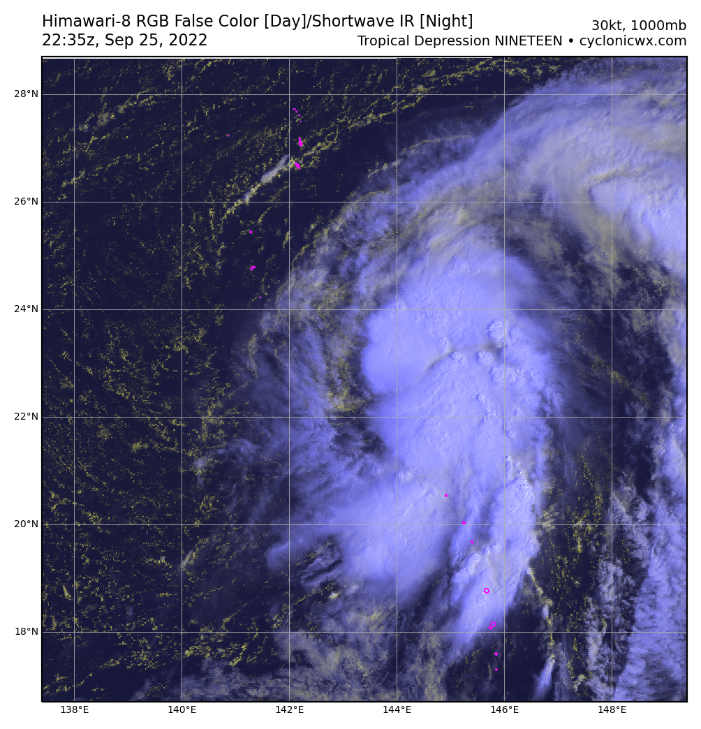VortixWx's tweet image. #19W has formed. There's some good low-lvl rotation &amp;amp; fair northern &amp;amp; southern outflow channels. A trough is expected to carry 19W to the NE away from #Japan. It's likely to become a brief typhoon before all is said &amp;amp; done. The next name is #Kulap. #tropicswx