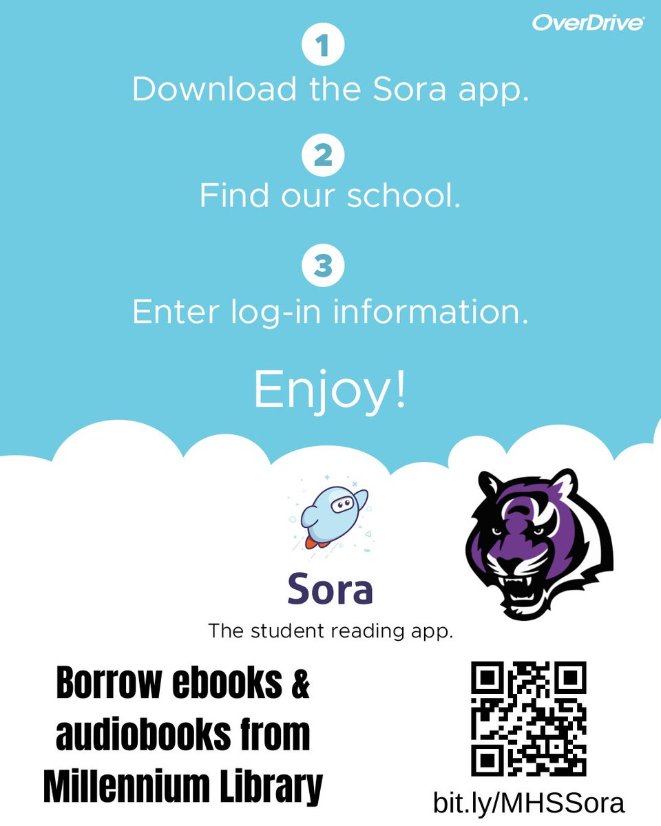 Borrow ebooks and audiobooks from the Millennium Library! Sora is available on your Chromebook (bit.ly/MHSSora) or download to your phone and tablet. We have a wide variety of titles available right now, and new titles are added monthly! Start reading today!