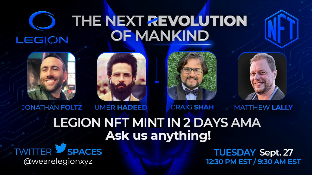 💫 Join us #LIVE for one of the MOST utility-based NFT launches in the space this Tues. Sep. 27 @ 12:30 PM EST with our team to chat about our LEGION NFT MINT. 

We. Mint. On. Sept. 29🔥😯

👇Join us here &amp; set a reminder!
x.com/i/spaces/1eaJb…

#NFTs #NFT 1/4