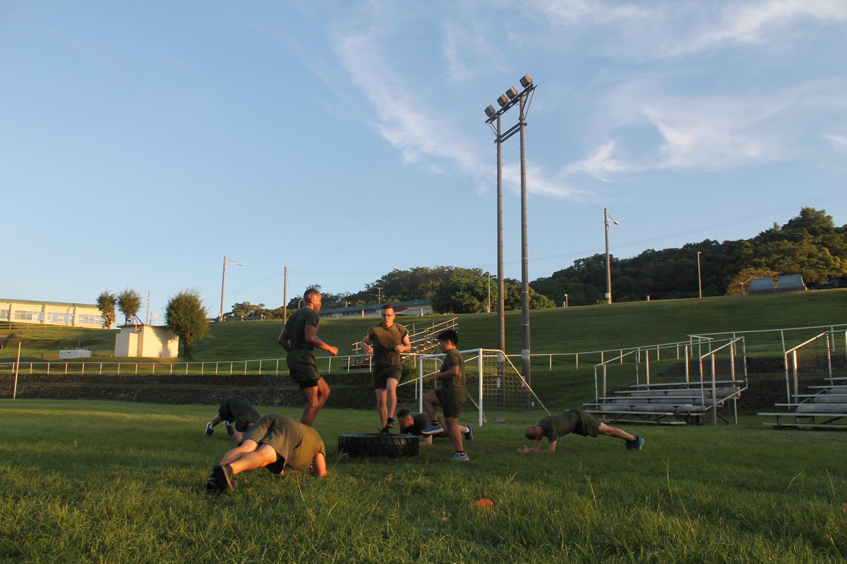 #3DMEB CE gathered on September 23, 2022, on Camp Courtney, Okinawa, Japan for a physical training event to build unit cohesion. Chaplain Cristiano S. Desousa and RP2 Robert Nard led the training evolution to include a Navy-style warm up followed by team station workouts. #USMC