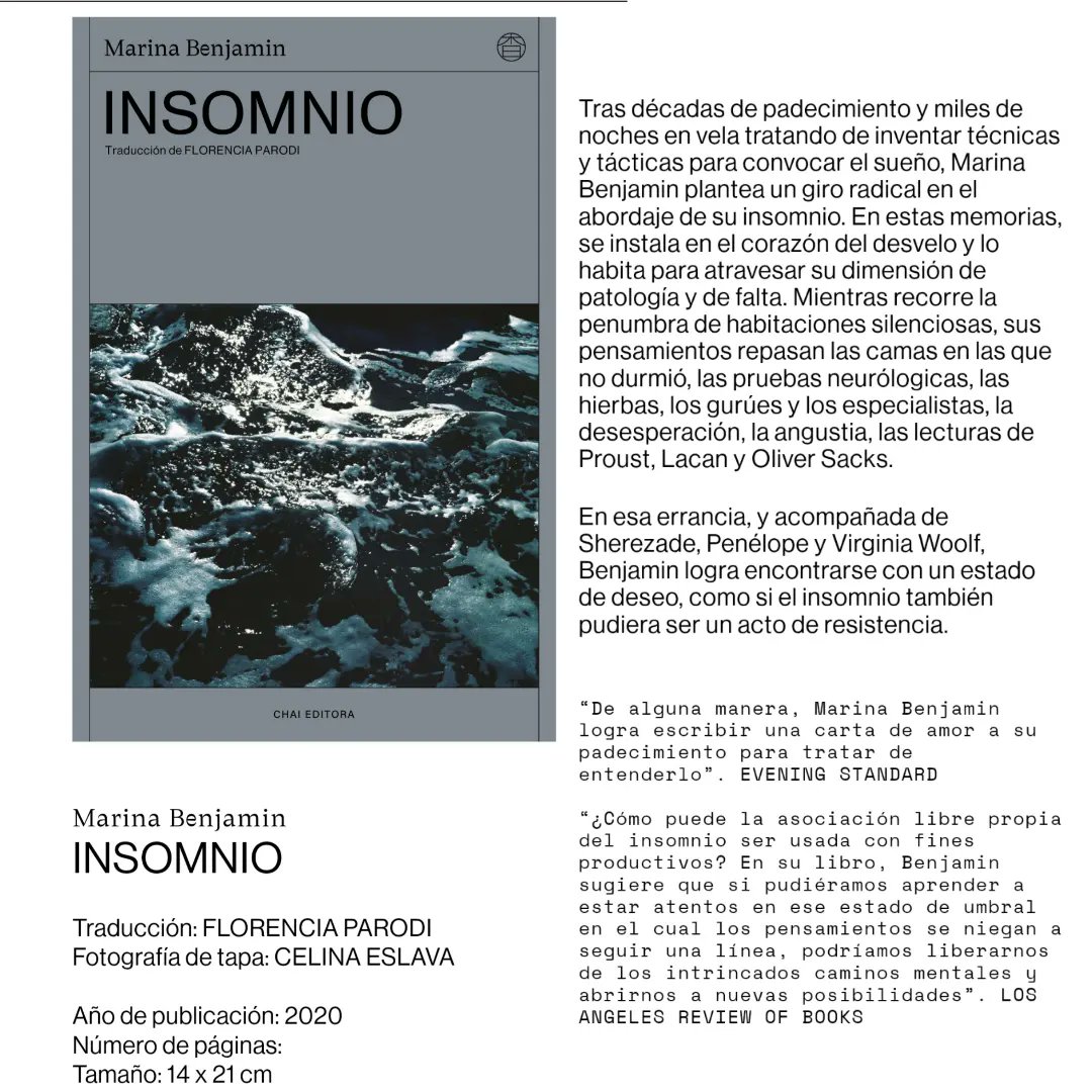 FCEChile's tweet photo. Recomendado en Artes y Letras del @Emol hoy: "Insomnio" de Marina Benjamin publicado por @ChaiEditora 
Este título y otros más puedes encontrarlos pronto en nuestra web y librerías. 
Revisa el Catálogo de Chai en FCE en https://t.co/smtYxhysJS 

#insomnio #memorias #librosfce https://t.co/1abYHcpXBx