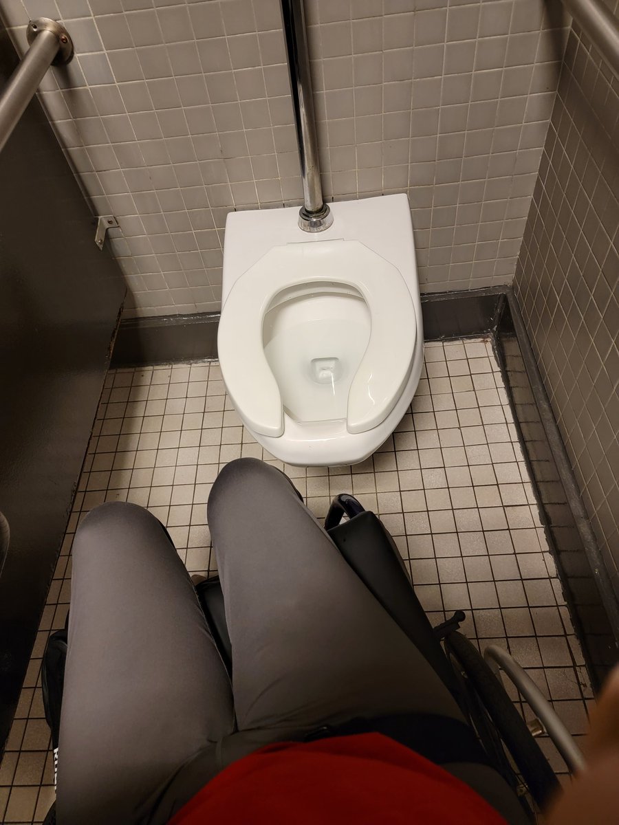 RobbysBrainDump's tweet photo. In #AccessibilityNightmares the bathrooms by the dressing room included a sick Tony Hawk-esque transfer to get to the toilet. I got a gap bonus on the transfer! https://t.co/pdW5lt9FaH