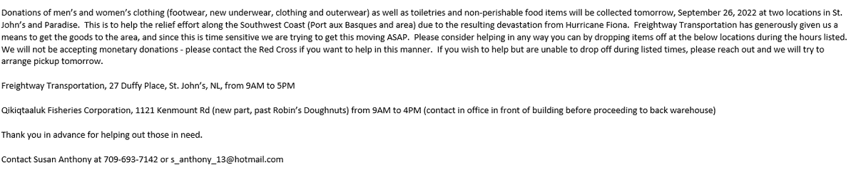 Andrew_Parsons1's tweet photo. This weekend has had a devastating effect on the southwest coast.  To those who have reached out from around the province &amp; across the country - thank you.  To those who wish to help out displaced individuals in the area, please check out this opportunity below  🙏 https://t.co/EwfbCP6wKf