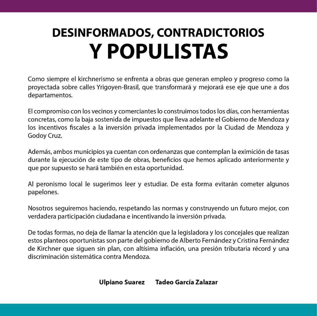 Frente al oportunismo y la especulación del kirchnerismo, medidas concretas y obras reales.
