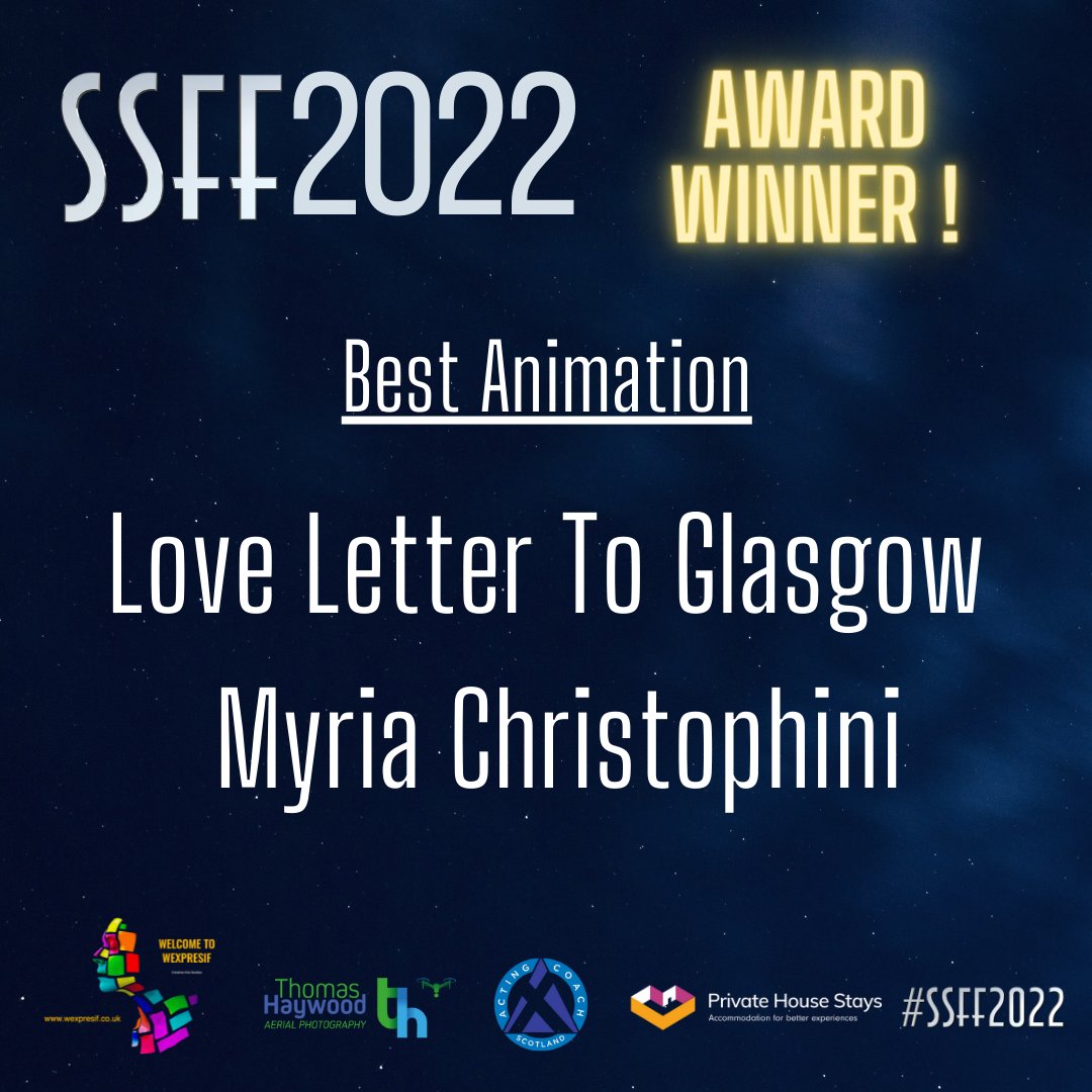 Scottishshorts's tweet photo. Congratulations to Myria Christophini whose short film 'Love Letter To Glasgow' was well received tonight and won the 'Best Animation' Award 🏴 🎥 🥇
@hello_acs
@thaywoodphoto
@Private_House
@Wexpresif
@raptorfilmz
#SSFF #SSFF2022 #film #filmfestival #Scotland #indiefilm https://t.co/ReYHqgaaNF