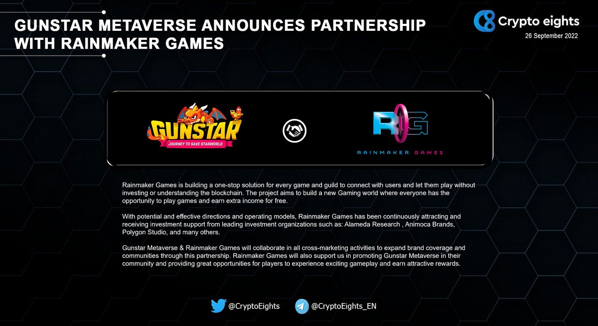 CryptoEights's tweet photo. 🔹 @GunStar_io Announces Partnership With @RainmakerGaming
🎯 #GunstarMetaverse & #RainmakerGames will collaborate in all cross-marketing activities to expand brand coverage and communities
👉 https://t.co/LPSk1Gmh0W https://t.co/Xk7xrXLlCo