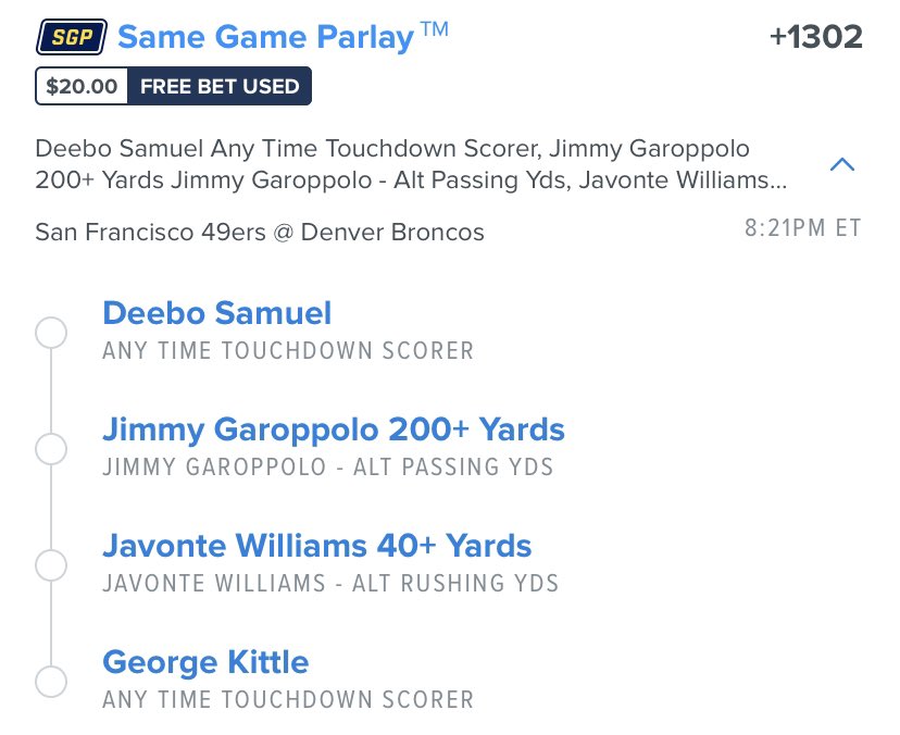 lmob0621's tweet photo. #LetsMakeSomeMoney @steakspeare @NoisyHuevos @Parlays_Only @Pickswise @lwosports @WagerEdgeSports @ParlayEater @FadeTheNoiseBRW @FadeorFollowPod @WagerWire @WagerWireCXO #GoBigorGoHome #bouncebackSunday Hit another big parlay this afternoon… here is my SNF game parlay! #WWCD https://t.co/7UFisUvNTz