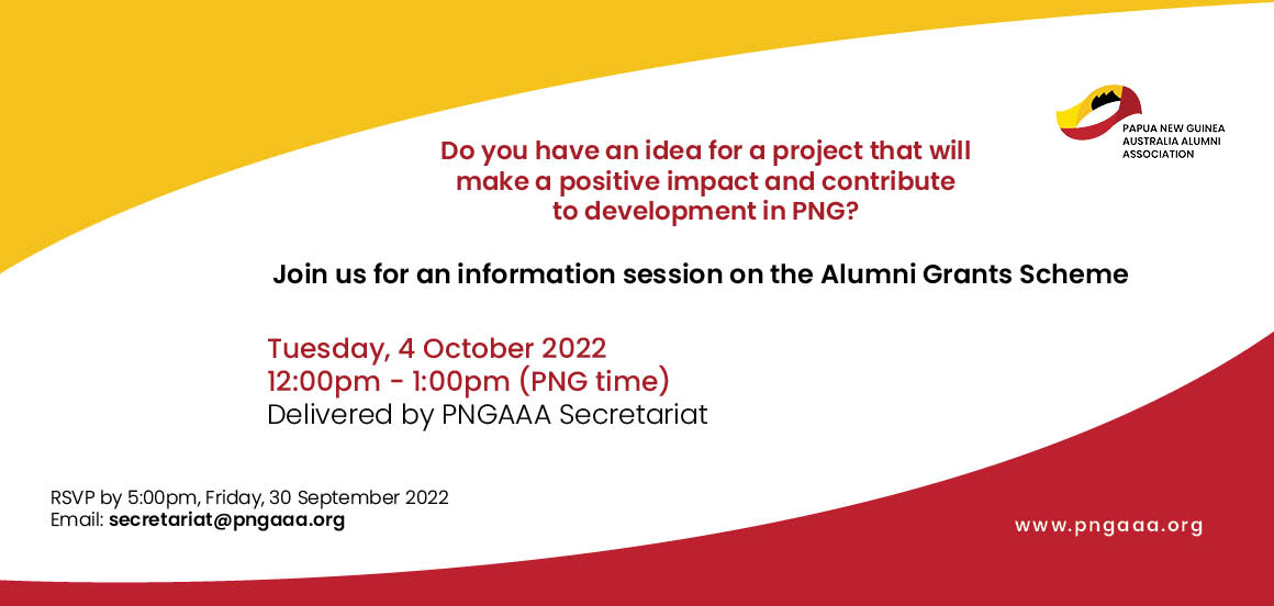 PngAusAlumni's tweet photo. Are you a member of #PNGAAA who is interested to make a positive impact in #PNG?

Join us for a webinar on Tue 4 Oct &amp; find out about the Alumni Grants Scheme &amp; the eligibility requirements.

Email: secretariat@pngaaa.org by 5pm, Fri 30 Sep &amp; reserve your spot! https://t.co/pFMGJ2UYZx