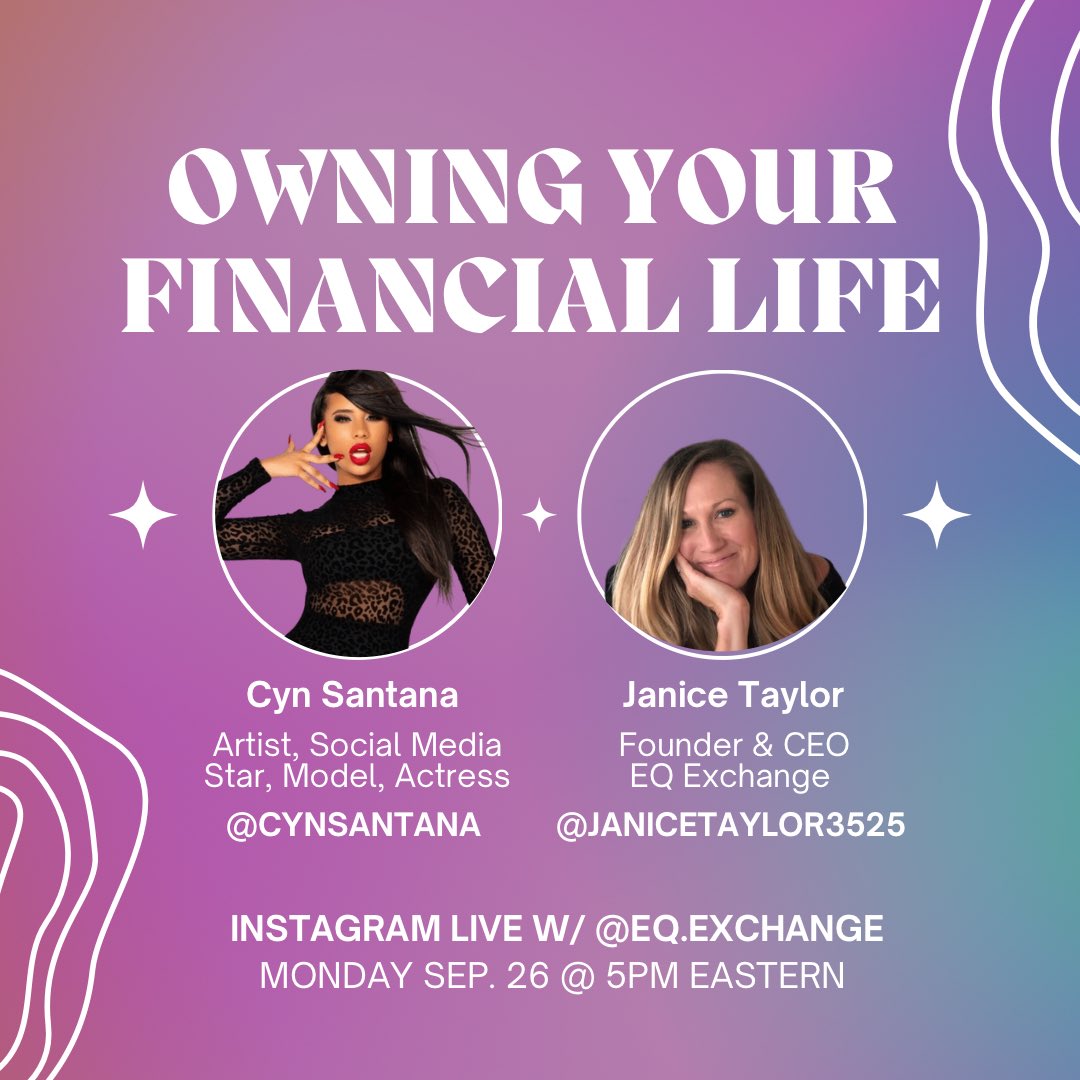 When we say we’re all gonna make it, we mean it 💜

Join this conversation on owning your financial life with web3 

Led by entertainment multi-hyphenate <a href="/Cyn_Santana/">Cyn Santana 🇸🇻🇩🇴</a> and our Founder &amp; CEO <a href="/JustBeJanice/">Janice Taylor</a> 🤩

Mon. 9/26 @ 5PM ET on IG Live

💬🔜 instagram.com/eq.exchange
