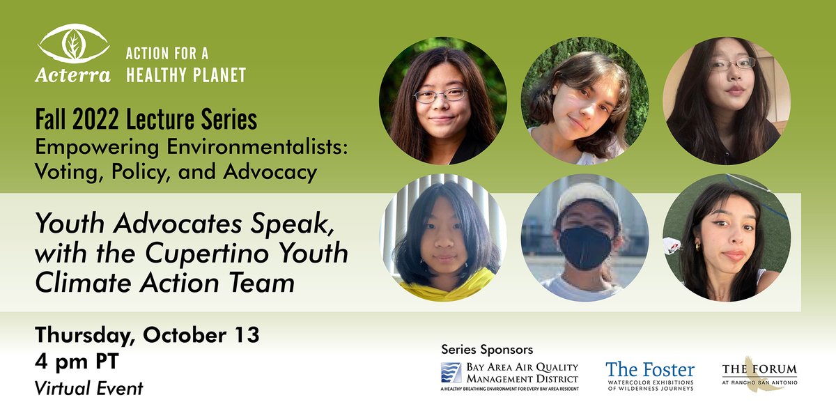 Save the Date: Oct 13! The <a href="/planetacterra/">Acterra #ClimateAction</a> lecture series continues with “Youth Advocates Speak,” a virtual panel discussion with Cupertino high school students moderated by Crystal Hernandez. Join us at 4 pm. Register now: bit.ly/oct13-youthlec…