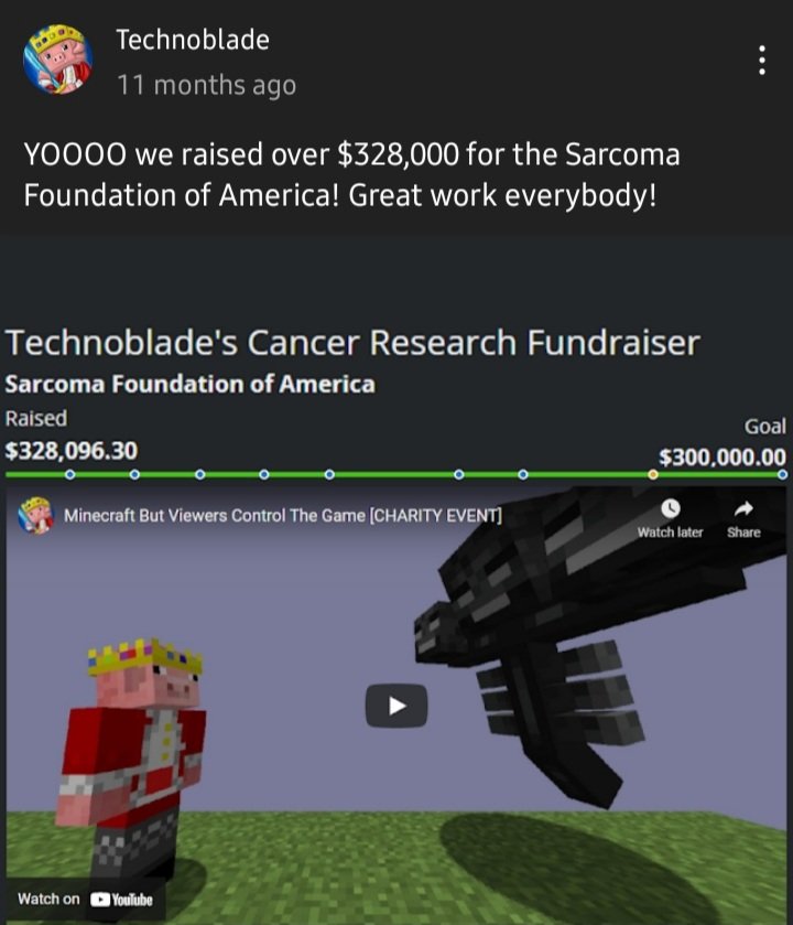 technotwtnews's tweet photo. it's the one year anniversary of technoblade's charity livestream, where he spent almost four hours playing minecraft while raising ~328k dollars for the sarcoma fund of america. this was the start of his remarkable journey of fighting back against sarcoma cancer. + https://t.co/1e3BHc7RqZ
