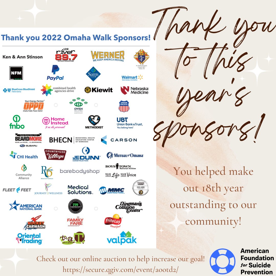 AFSPNebraska's tweet photo. We'd love to thank our amazing sponsors for their generous support for our 18th annual Out of the Darkness Community Walk!
#AFSPNebraska #suicideprevention #community https://t.co/DHD0Jsv4J2