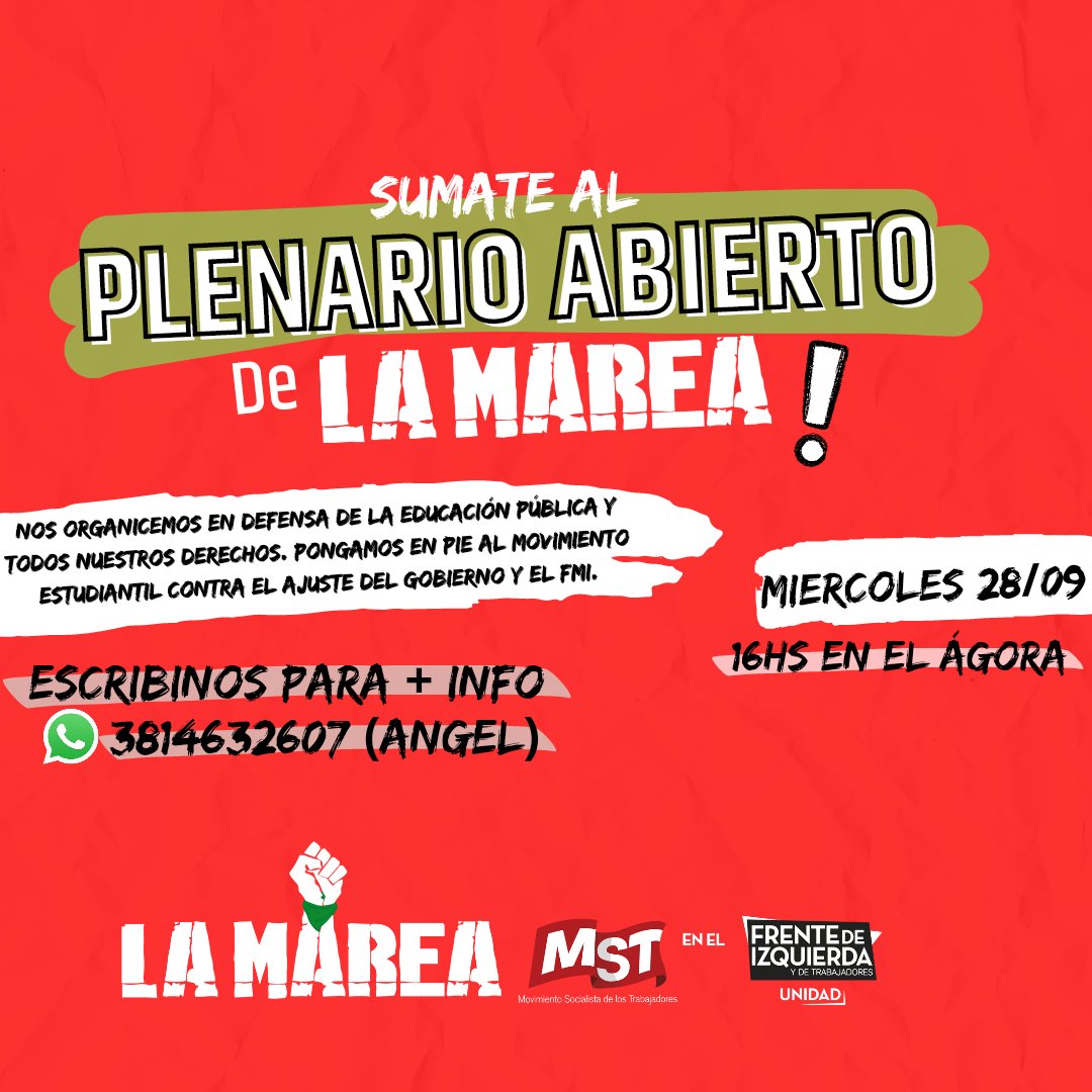 Angelruizmst's tweet photo. Si sos de #FiloyLetras y queres organizarte para defender la educación pública y una universidad democratica y al servicio de lxs trabajadores, el ambiente y la transformación social sumate al plenario abierto de La Marea! Este miércoles a las 16hs en el Ágora https://t.co/gdQeRja9IU
