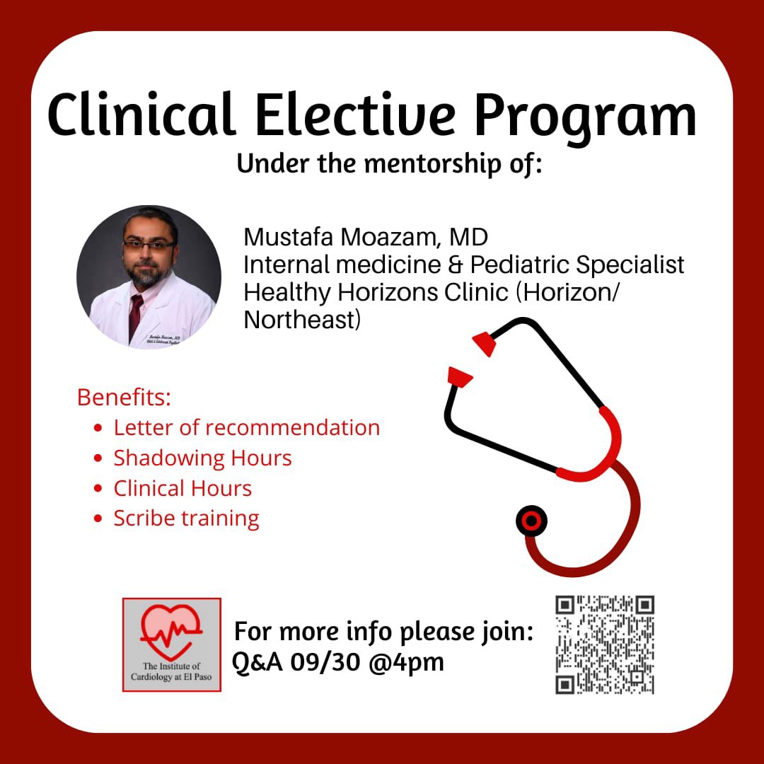 ICEP_ElPaso's tweet image. ICEP is honored to be under the mentorship of Dr. Mustafa Moazam, specialist in internal medicine and pediatrics. 🩺

If you’d like to learn more about our clinical elective program, we invite you to join our Q&amp;amp;A this upcoming Friday, Sept. 30th at 4pm. 

#icep #collaboration