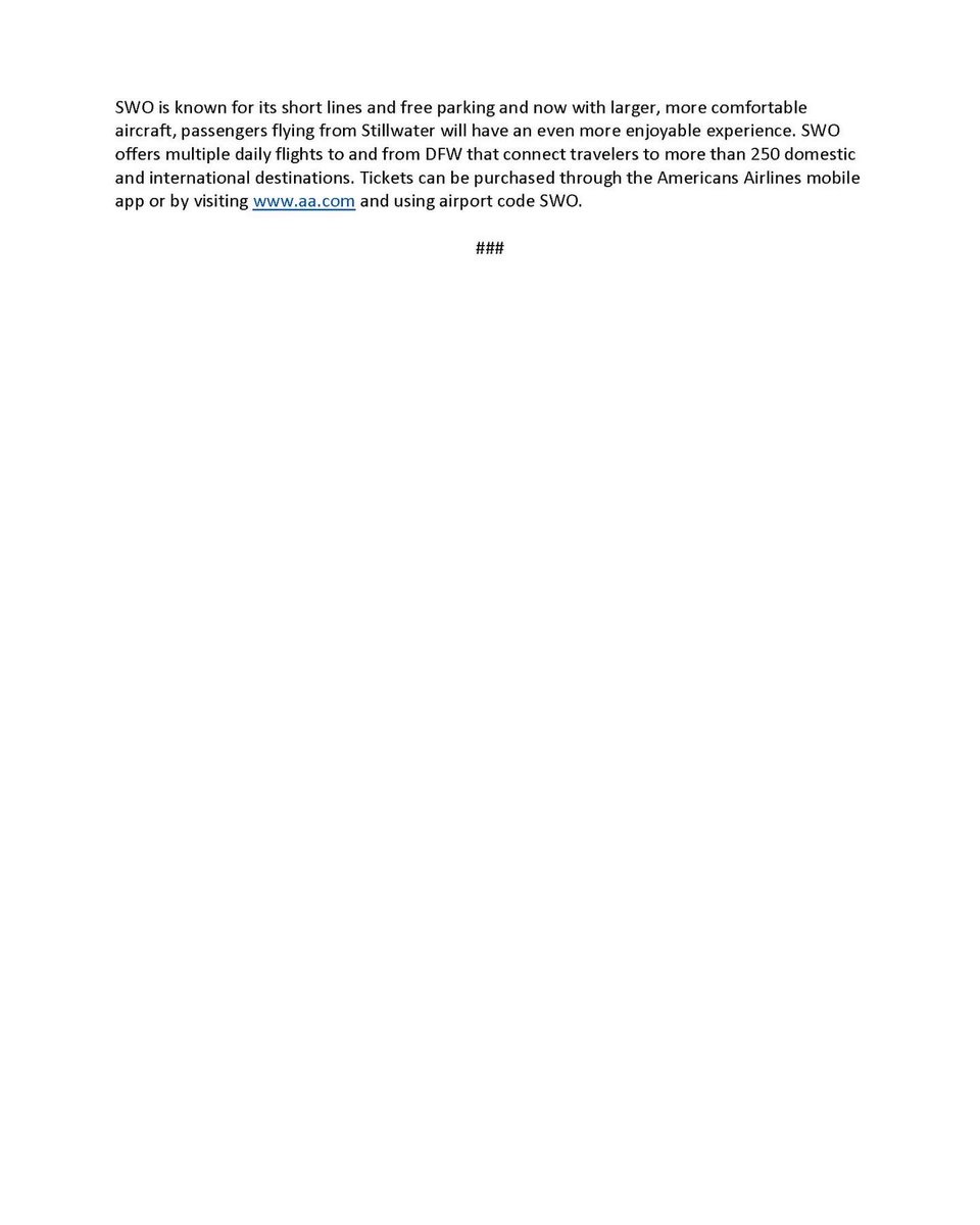 (STILLWATER, OK) - American Airlines passengers flying through Stillwater Regional Airport (SWO) will soon enjoy more options and greater comfort. ... #FlySWO #SWO  <a href="/StwSema/">Stillwater SEMA</a> <a href="/stillwater_fire/">Stillwater Fire Department</a> <a href="/StillwaterOKgov/">City of Stillwater, OK</a>
