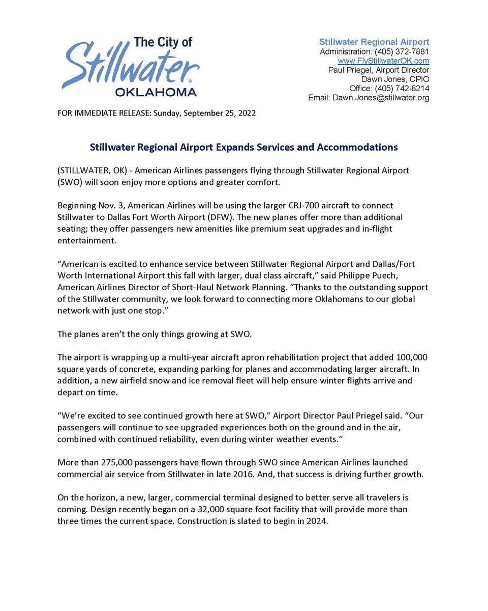 FlyStillwaterOK's tweet photo. (STILLWATER, OK) - American Airlines passengers flying through Stillwater Regional Airport (SWO) will soon enjoy more options and greater comfort. ... #FlySWO #SWO @StwSema @stillwater_fire @StillwaterOKgov https://t.co/D5b9oI2akF