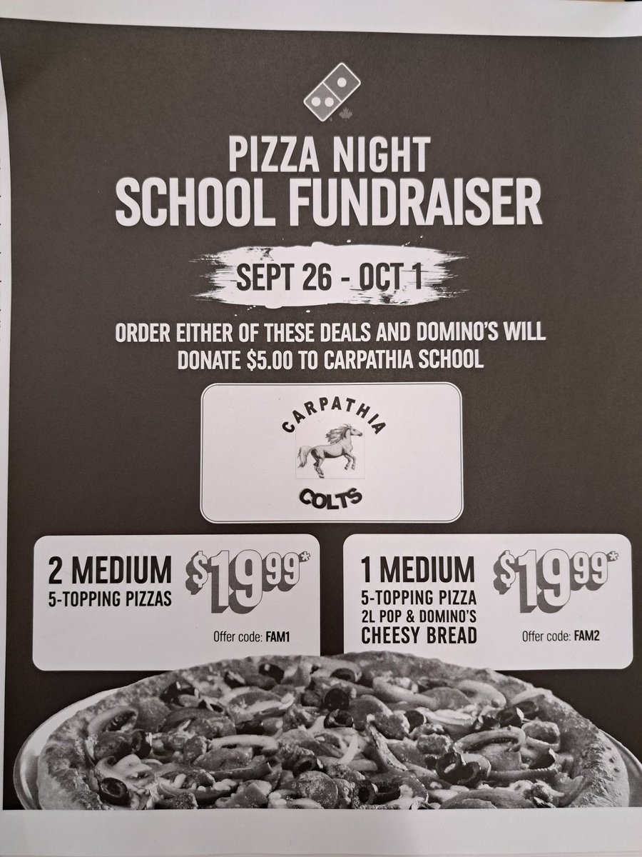 Order a pizza through Domino's using FAM1(two medium five topping pizza) or FAM2 coupon and Carpathia PAC gets $5! 🍕🍕🍕🍕🍕🍕🍕please order some pizza from any Wpg Dominos !!!