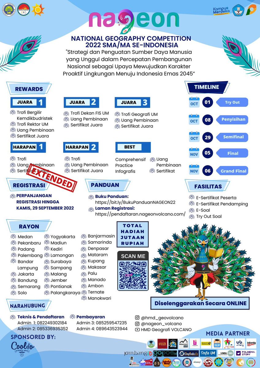 Hallo Geografer Muda✨

Ada kabar baik nihh… 
Pendafataran National Geography Competition 2022 DIPERPANJANG lohh…

Untuk info lengkapnya bisa cek di linktr.ee/nageonvolcano

Yuk segera persiapkan tim kalian, sampai ketemu di Nageon 2022🙌🏻