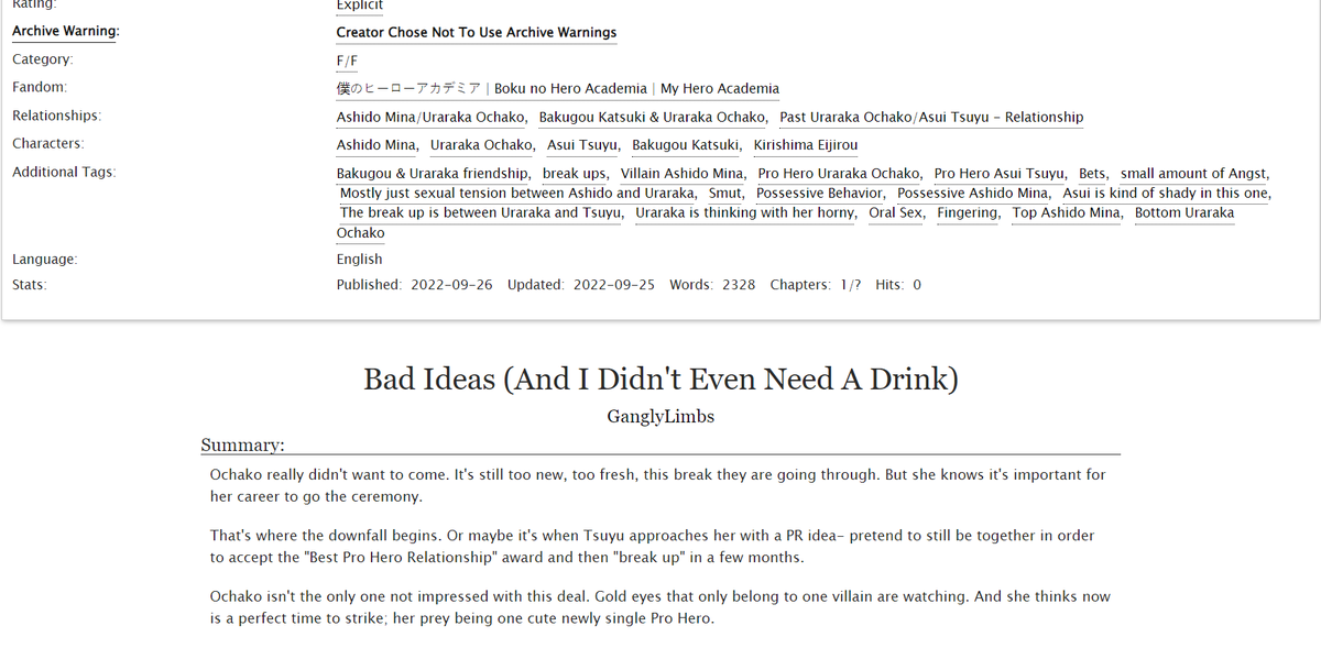 I'm so excited to be able to post my <a href="/BNHAWLWBang/">Violet Garden: A BNHA WLW Bang</a> fic!!!! One of my favorite things I got to work on!!!! 

I had the privilege to work with Sphrigga for this! I hope you enjoy some Ashido/Uraraka fuckiness! 
#VioletGardenBang 

archiveofourown.org/works/41943651…