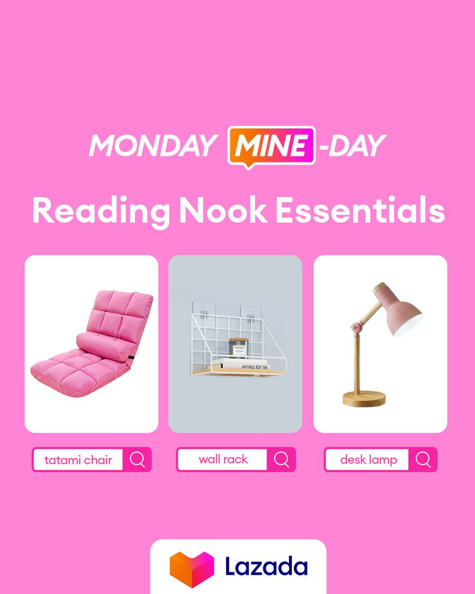 LazadaPH's tweet image. Bookworms, mag-ingay! It’s time to level-up your own corners kaya naman i-mine na ang mag u-upgrade ng reading nooks n’yo 📖

1. Follow Lazada
2. Reply MINE + item + #LazadaMondayMineDay

Stay tuned for the list of winners every week! 🥳

#LazadaPH