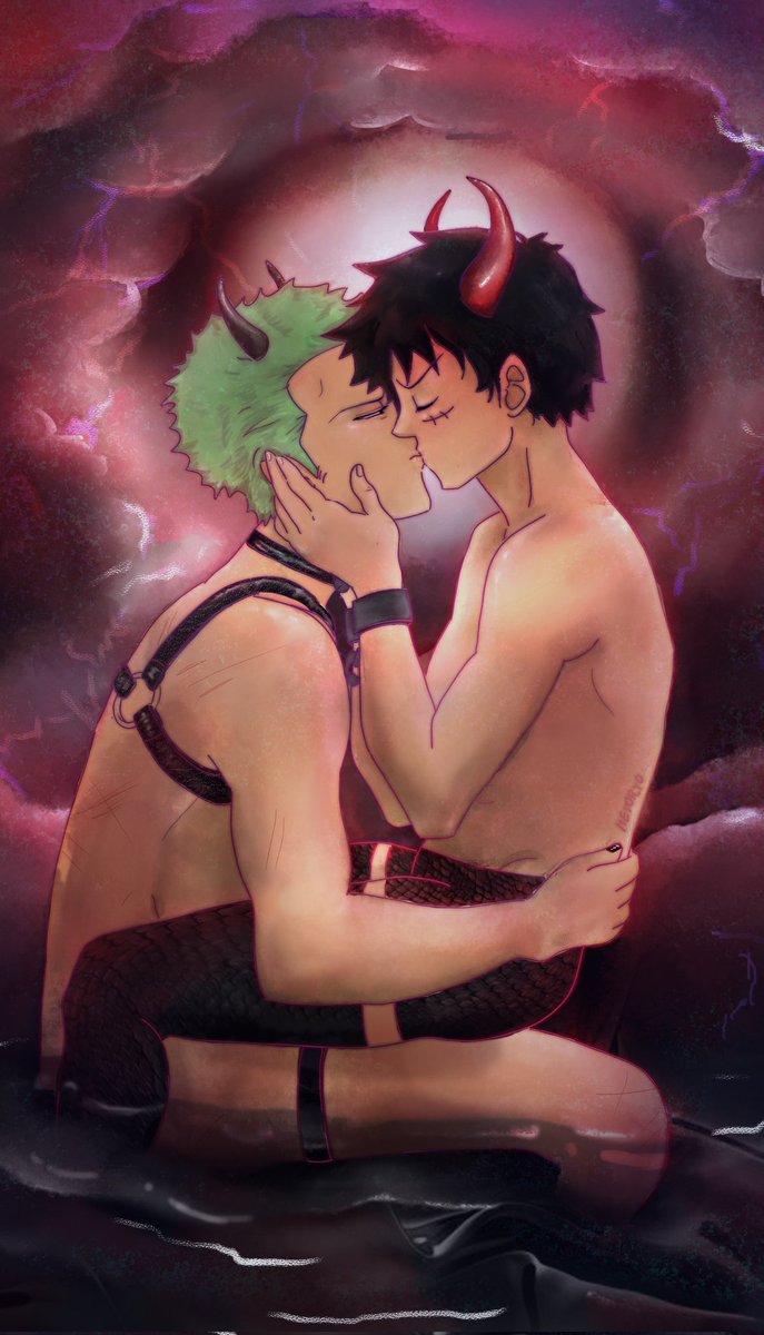 HeyoRyo's tweet photo. I drew all day ‧͙⁺☾⛧⛈️ 
#Zolu #LuffyxZoro https://t.co/wKlxZC3088