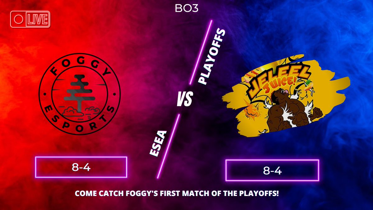 🚨HUGE MATCH TONIGHT🚨 The time is finally here! #FoggyCS😶‍🌫️ take on #JALEELJUICE in round 1 of #ESEA playoffs! Make sure you come support the boys on their mission to achieve promotion! Match starts at 9:30pm EST! Stream: Twitch.tv/FoggyEsportsOf… #Esports #FoggyFamily😶‍🌫️ #CSGO