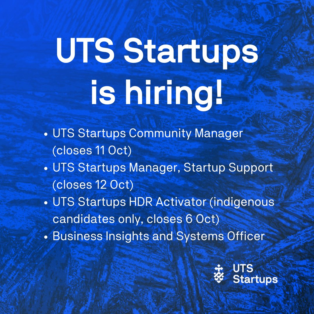 UTSStartups's tweet photo. Want to join the wonderful UTS Startups team? 
We're currently hiring a: 
- UTS Startups Community Manager
- UTS Startups Manager, Startup Support
- UTS Startups HDR Activator (indigenous candidates only 
- Business Insights and Systems Officer. 
https://t.co/woEBQwQThv https://t.co/lFMm0gpoCK