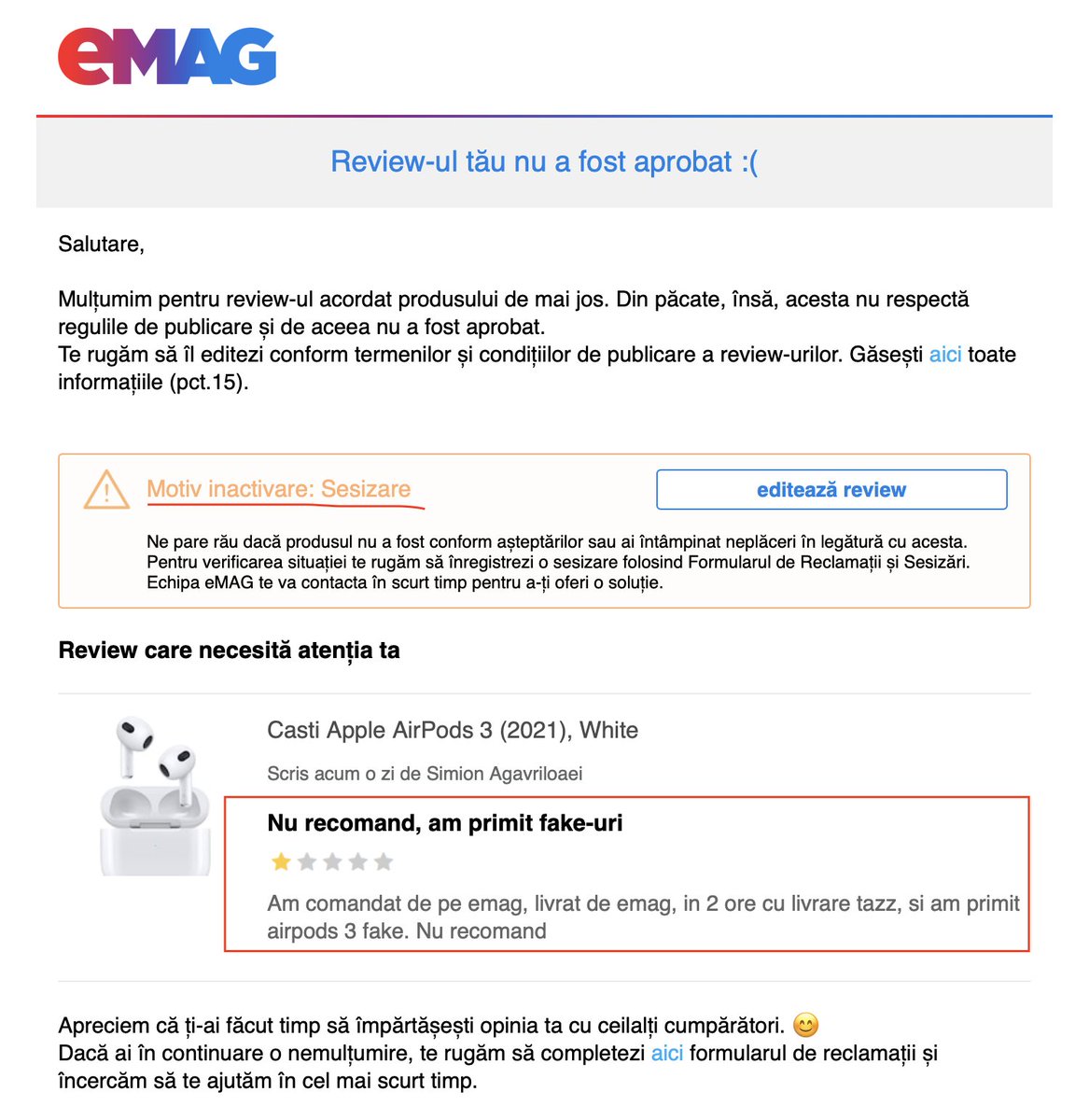SimionBaws's tweet photo. Ce motiv e ăla @eMAG ? Așa facem cu review-urile ce nu ne plac?
Mi-ați trimis fake-uri, le-am returnat, am lăsat review. Ce sesizare? https://t.co/rgXJQw41Ep