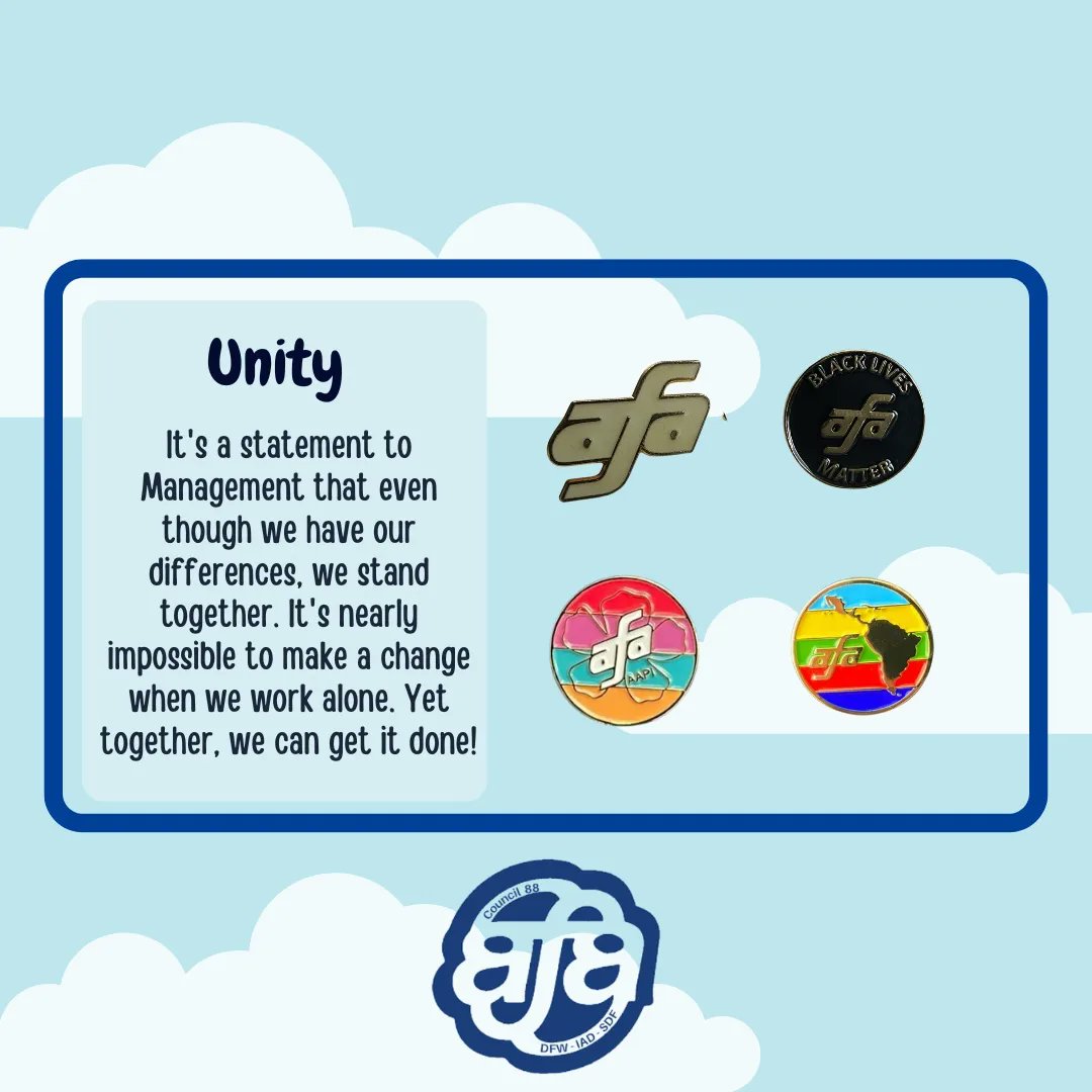 AFACWA_LEC88's tweet photo. Why do we wear our @afa_cwa pins?

"Our AFA pin tells Management that we know we have rights and we will enforce them.

It tells the world that we are united by more than just the color of the tail of our aircraft. It means that we are never alone.. https://t.co/AjWCnBEYvi