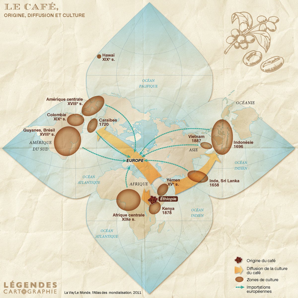 LegendesCarto's tweet image. Cette semaine une géohistoire du petit déjeuner. Le caféier est originaire d&apos;Éthiopie, mais c&apos;est au XIIe siècle que la boisson est inventée au Yémen. En 1860 Sao Paulo devient la principale région mondiale de plantations de café. L&apos;Europe est la principale région consommatrice.