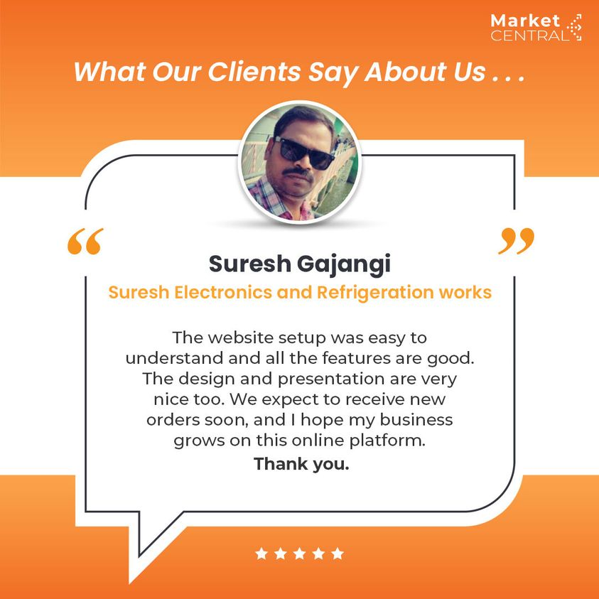 SMB_XL's tweet photo. Enjoy easy website setup for your online business on MarketCentral!
"The design and presentation are very nice. We expect to receive new orders soon." - Mr. Suresh Gajangi, Suresh Electronics and Refrigeration Works.
#MondayMotivation #HappyCustomer #SMBXL #MarketCentral https://t.co/utl0EVncnX