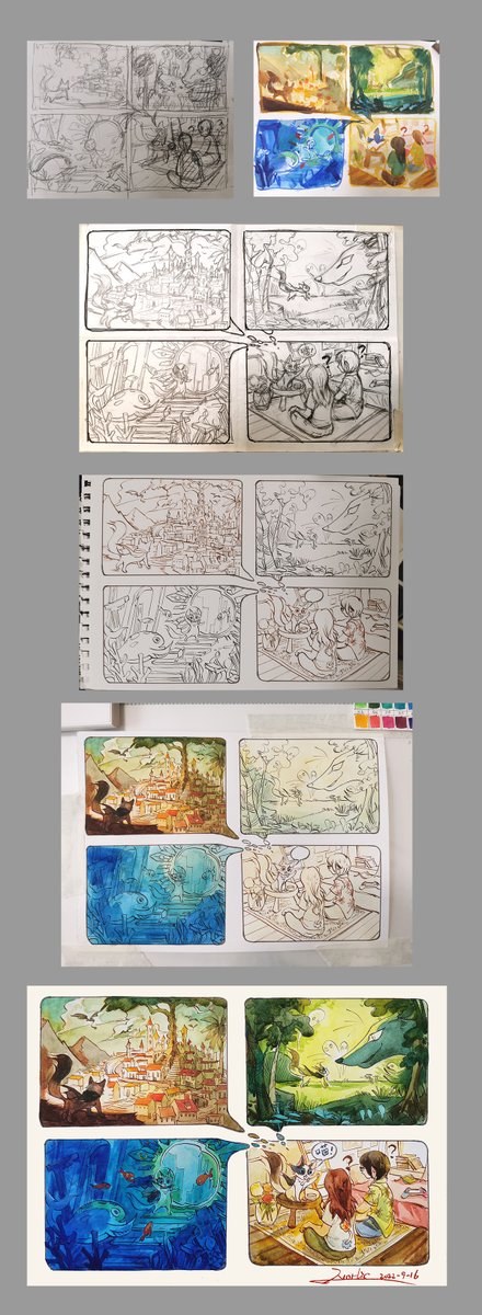 Norlicthemanul's tweet photo. A small comic art I did  for a friend.  It's a story about a little cat's adventure in different wonder world.  #cat #ComicArt #watercolour https://t.co/wxeXrqwZIv