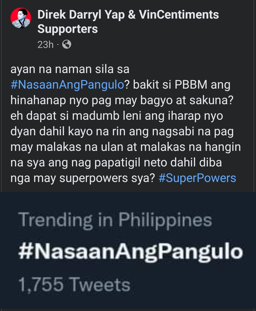 zh_724's tweet photo. Binabagyo na, pinopolitikal nyo paren yung nangyayare ngayon? Asan utak nyo? Natural lang na hanapin ang pangulo. Pangulo sya eh. Ala nga namang si kuya Wil hanapin 🤦🏾‍♂️ https://t.co/8jnPNbVy2y