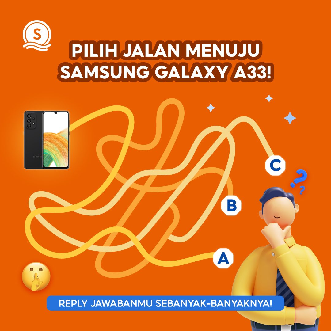 SeaBankID's tweet photo. Manakah jalan yang benar menuju SAMSUNG GALAXY A33? REPLY JAWABANMU (A/B/C) di bawah dan tunggu HADIAH SPESIAL dari mimin!🥰 #SeaBankID https://t.co/qF4ciGIdPd
