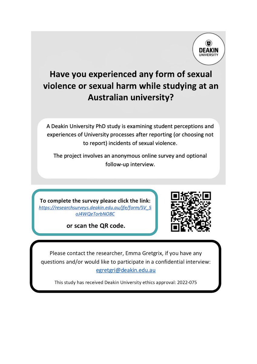 Have you studied at an Australian University? 
Did you experience any form of sexual violence or sexual harm? 
This PhD study is seeking to improve University reporting procedures. 
We welcome your input via this anonymous survey: researchsurveys.deakin.edu.au/jfe/form/SV_5o…… 
Please share widely...