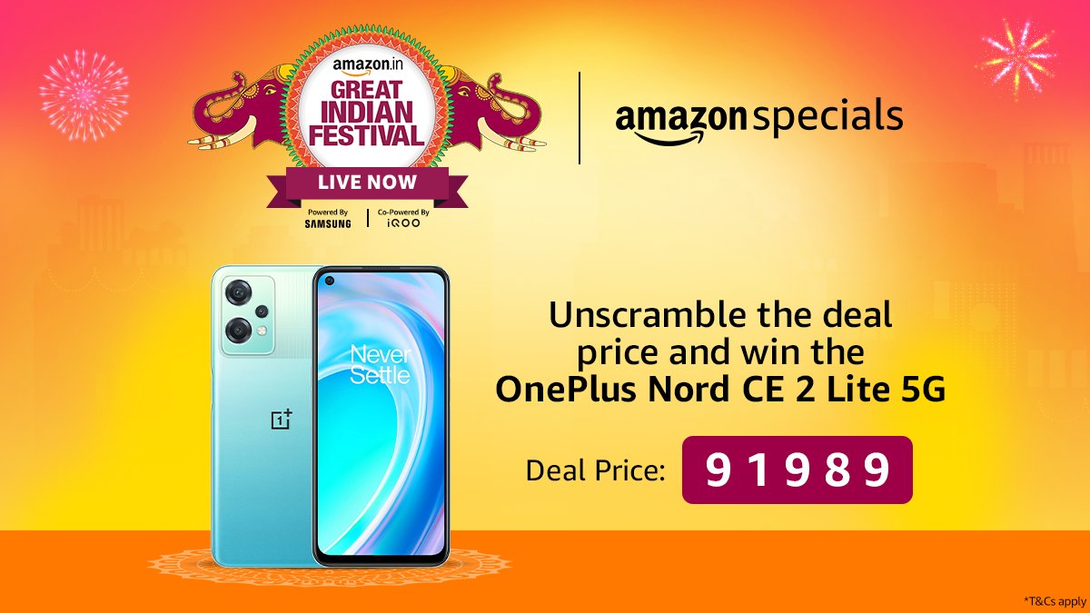 Unscramble and stand a chance to win the OnePlus Nord CE 2 Lite 5G. 
Don't forget to use 
#OnePlusNordCE2Lite5GonAmazonSpecials and #AmazonGreatIndianFestival in your entry.